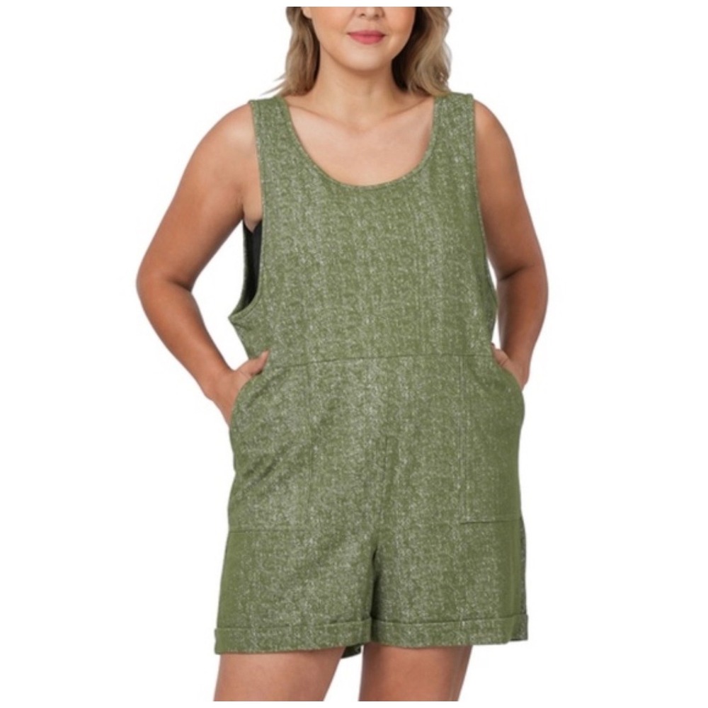 Zenana Womens Olive Green Space Dye Sleeveless Romper Patch Pockets 1X